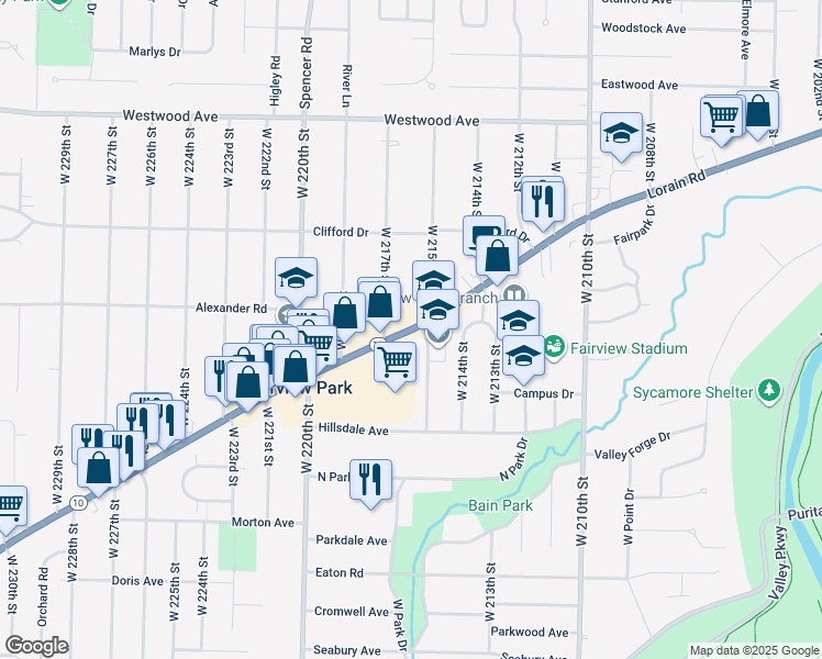 map of restaurants, bars, coffee shops, grocery stores, and more near 21510 Lorain Road in Fairview Park