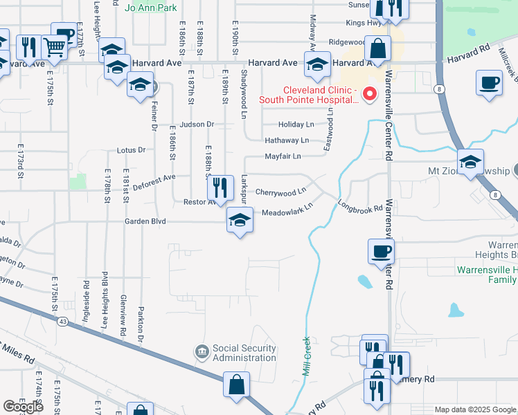 map of restaurants, bars, coffee shops, grocery stores, and more near 19209 Meadowlark Lane in Warrensville Heights