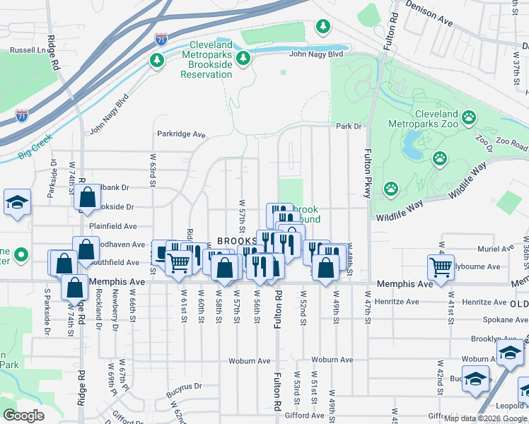 map of restaurants, bars, coffee shops, grocery stores, and more near 4155 West 56th Street in Cleveland