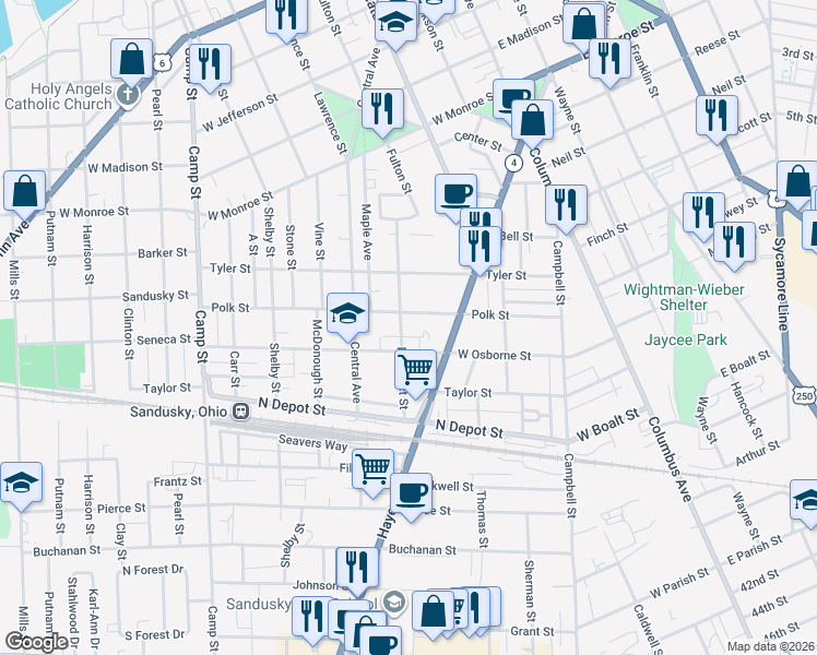 map of restaurants, bars, coffee shops, grocery stores, and more near 708 Polk Street in Sandusky