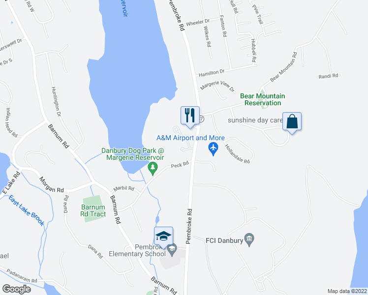 map of restaurants, bars, coffee shops, grocery stores, and more near Unnamed Road in Danbury