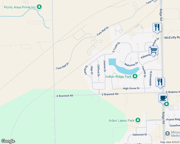 map of restaurants, bars, coffee shops, grocery stores, and more near 705 Olga Drive in Minooka