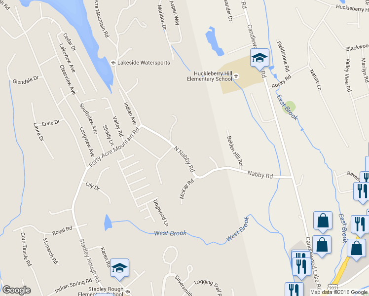 map of restaurants, bars, coffee shops, grocery stores, and more near 20 North Nabby Road in Danbury