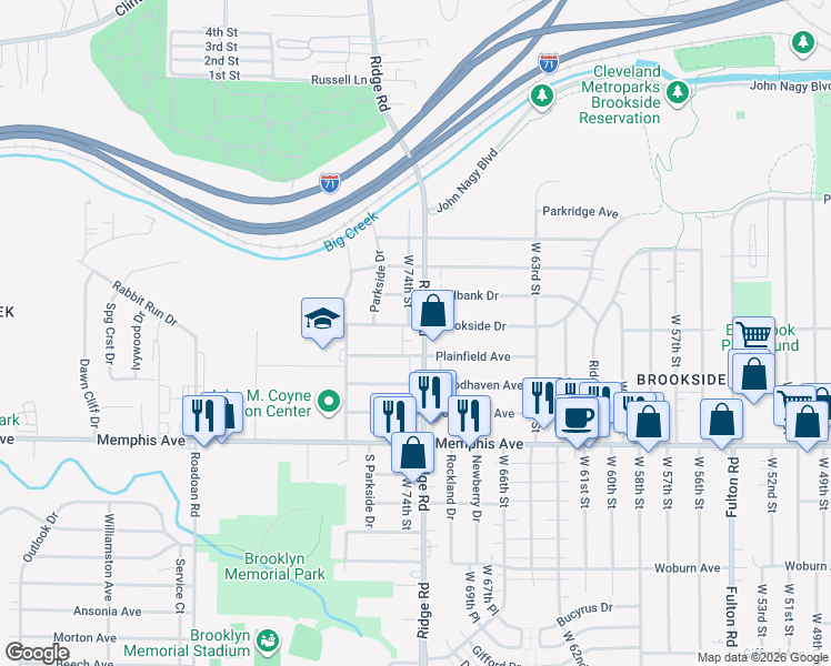 map of restaurants, bars, coffee shops, grocery stores, and more near 7307 Brookside Drive in Brooklyn