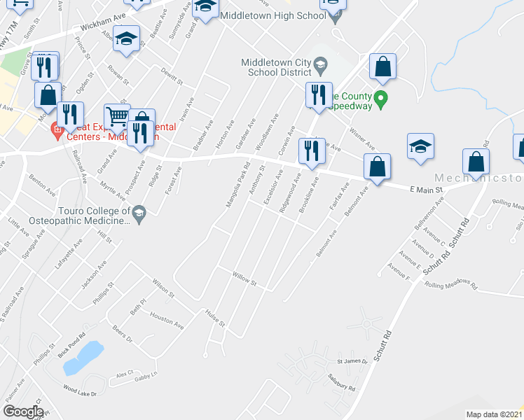 map of restaurants, bars, coffee shops, grocery stores, and more near 58 Excelsior Avenue in Middletown