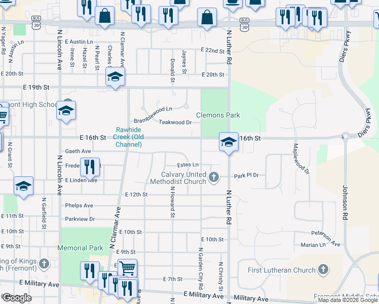map of restaurants, bars, coffee shops, grocery stores, and more near 2240 Gaeth Avenue in Fremont