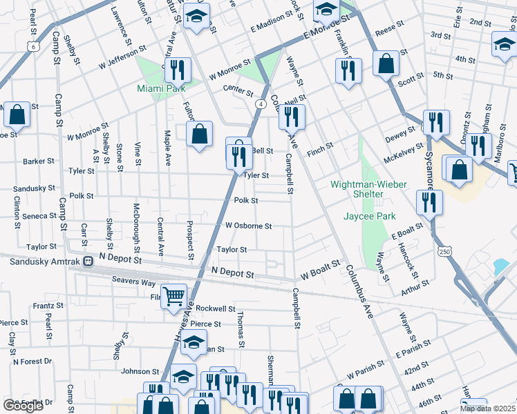 map of restaurants, bars, coffee shops, grocery stores, and more near 501 Polk Street in Sandusky