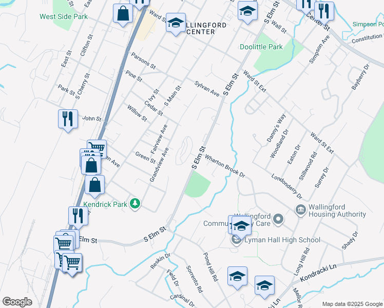 map of restaurants, bars, coffee shops, grocery stores, and more near 307 South Elm Street in Wallingford