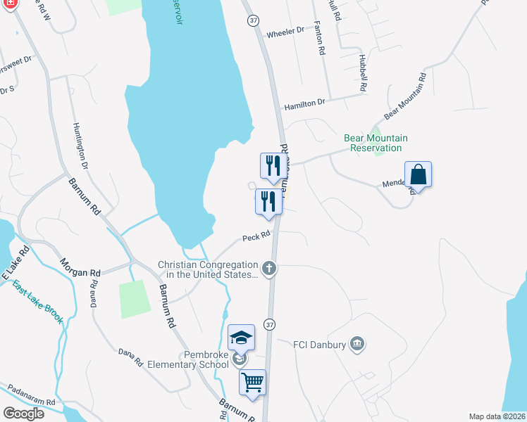 map of restaurants, bars, coffee shops, grocery stores, and more near Unnamed Road in Danbury