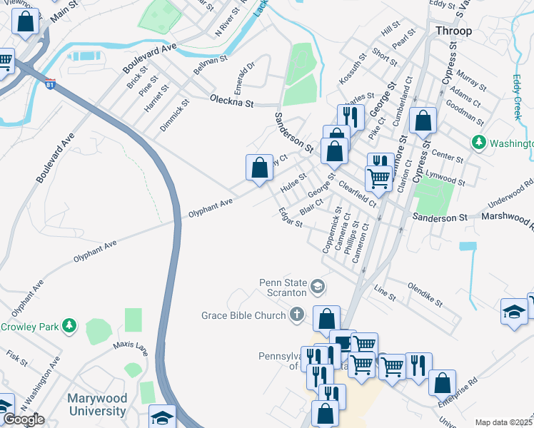 map of restaurants, bars, coffee shops, grocery stores, and more near 528 Edgar Street in Throop