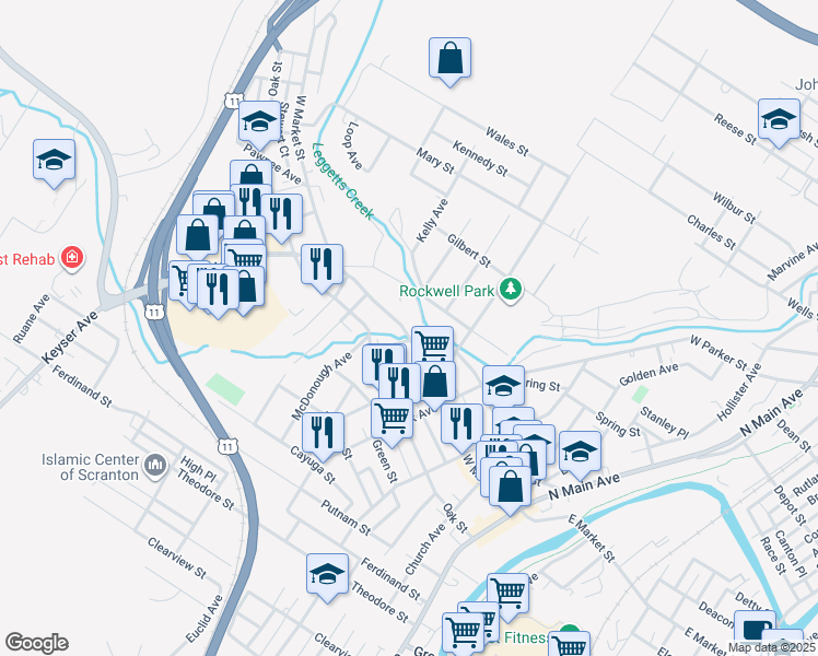 map of restaurants, bars, coffee shops, grocery stores, and more near 514 West Market Street in Scranton