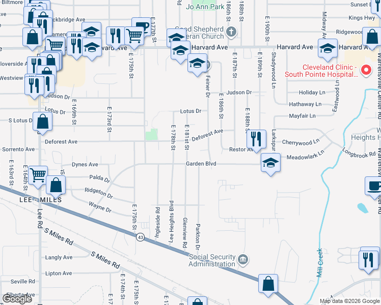 map of restaurants, bars, coffee shops, grocery stores, and more near 4229 East 181st Street in Cleveland