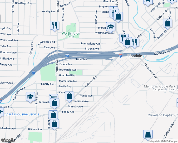 map of restaurants, bars, coffee shops, grocery stores, and more near 12308 Brookfield Avenue in Cleveland