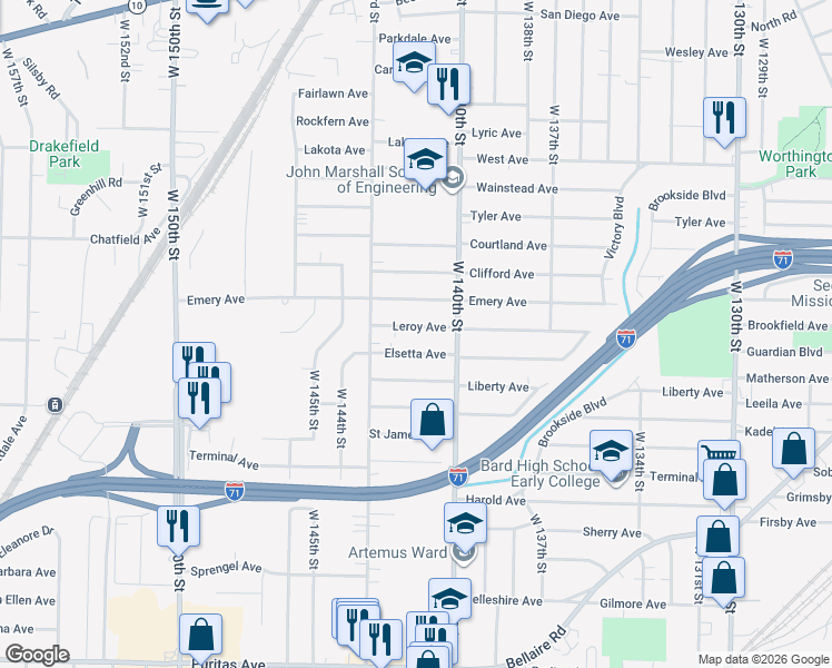 map of restaurants, bars, coffee shops, grocery stores, and more near 14112 Leroy Avenue in Cleveland