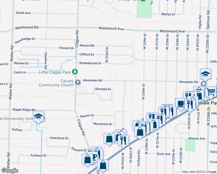 map of restaurants, bars, coffee shops, grocery stores, and more near 23303 Alexander Road in North Olmsted