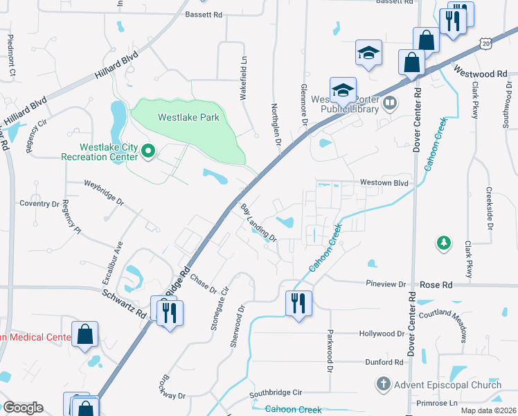 map of restaurants, bars, coffee shops, grocery stores, and more near 2910 North Bay Drive in Westlake