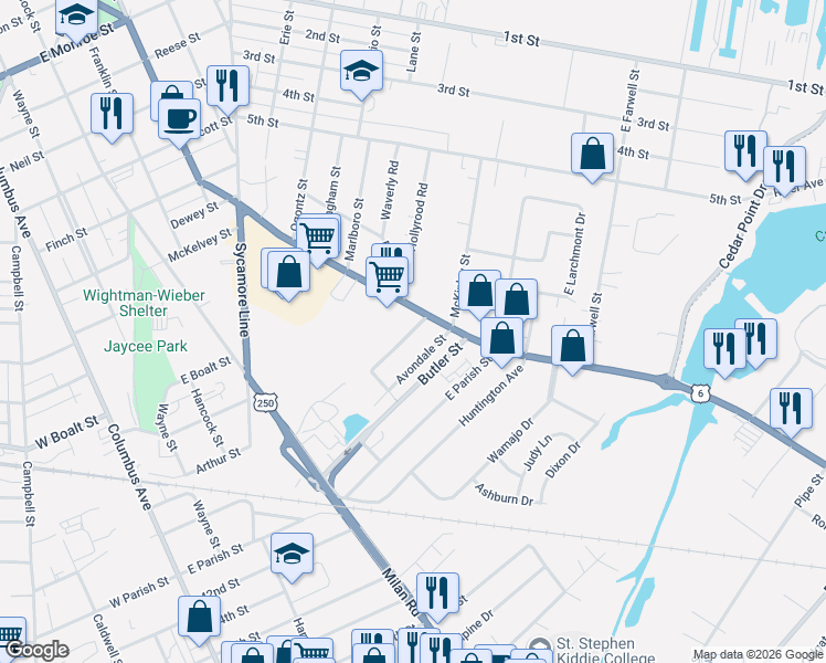 map of restaurants, bars, coffee shops, grocery stores, and more near 1343 Springdale Dr in Sandusky