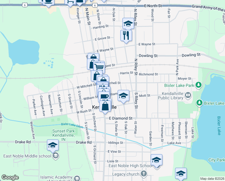 map of restaurants, bars, coffee shops, grocery stores, and more near 112 South State Street in Kendallville
