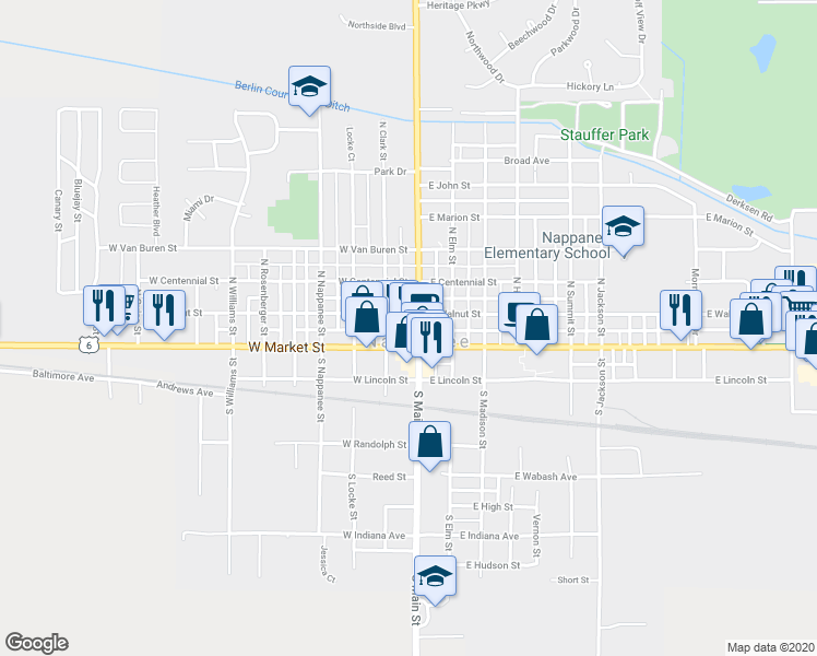 map of restaurants, bars, coffee shops, grocery stores, and more near 157 North Main Street in Nappanee