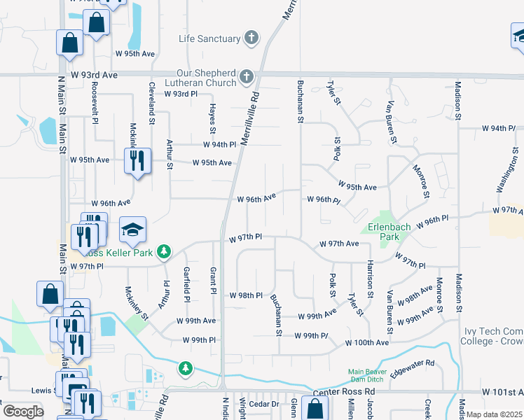 map of restaurants, bars, coffee shops, grocery stores, and more near 9600 johnson Street in Crown Point