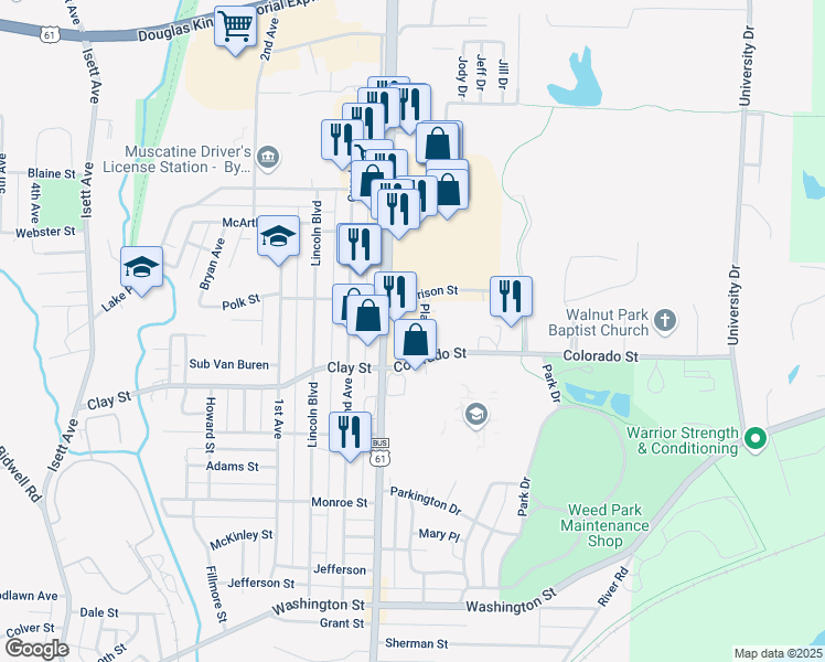 map of restaurants, bars, coffee shops, grocery stores, and more near 1521 Park Avenue in Muscatine