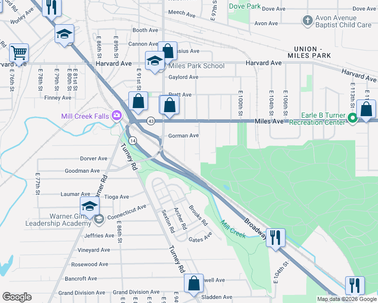 map of restaurants, bars, coffee shops, grocery stores, and more near 4259 East 94th Street in Cleveland