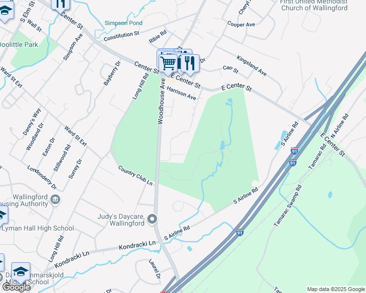 map of restaurants, bars, coffee shops, grocery stores, and more near 47 Putter Drive in Wallingford