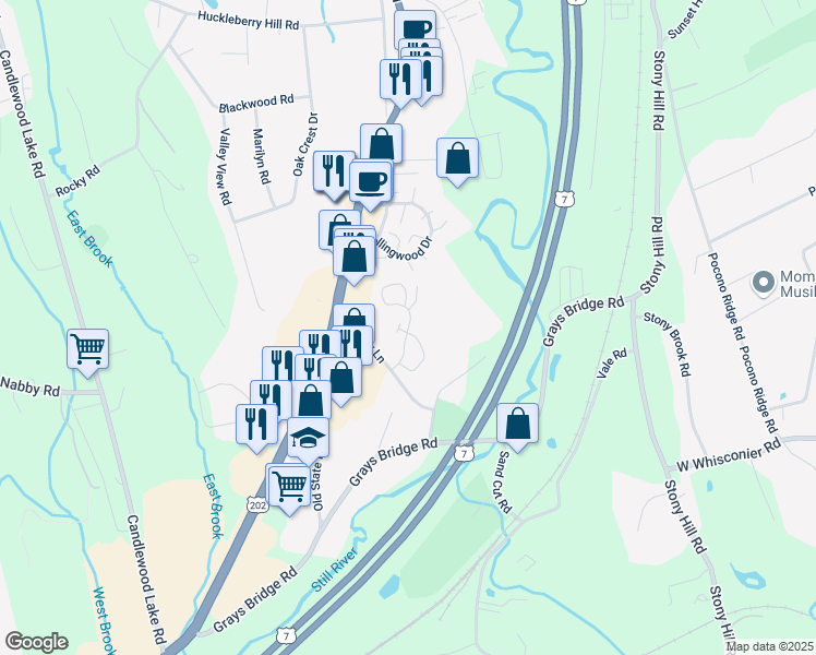 map of restaurants, bars, coffee shops, grocery stores, and more near 89 Homestead Lane in Brookfield