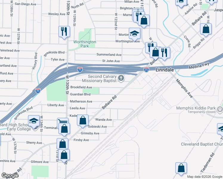 map of restaurants, bars, coffee shops, grocery stores, and more near 12211 Brookfield Avenue in Cleveland