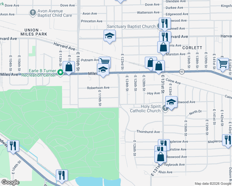 map of restaurants, bars, coffee shops, grocery stores, and more near 4271 Martin Luther King Junior Boulevard in Cleveland