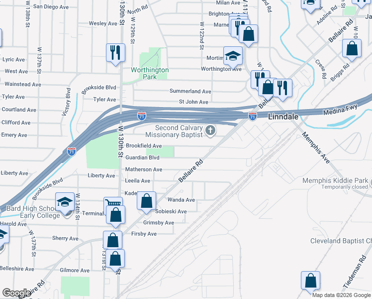 map of restaurants, bars, coffee shops, grocery stores, and more near 12308 Brookfield Avenue in Cleveland