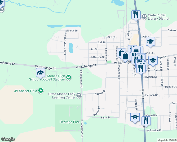 map of restaurants, bars, coffee shops, grocery stores, and more near 714 West Exchange Street in Crete