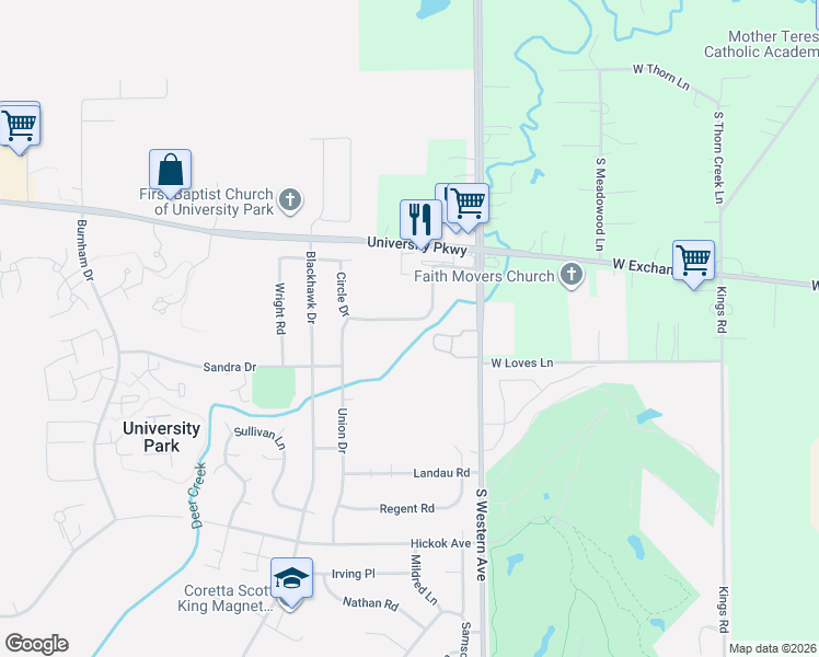 map of restaurants, bars, coffee shops, grocery stores, and more near 524 Circle Drive in University Park