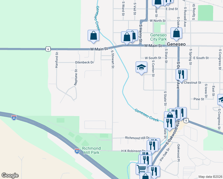 map of restaurants, bars, coffee shops, grocery stores, and more near 811 South Stewart Street in Geneseo