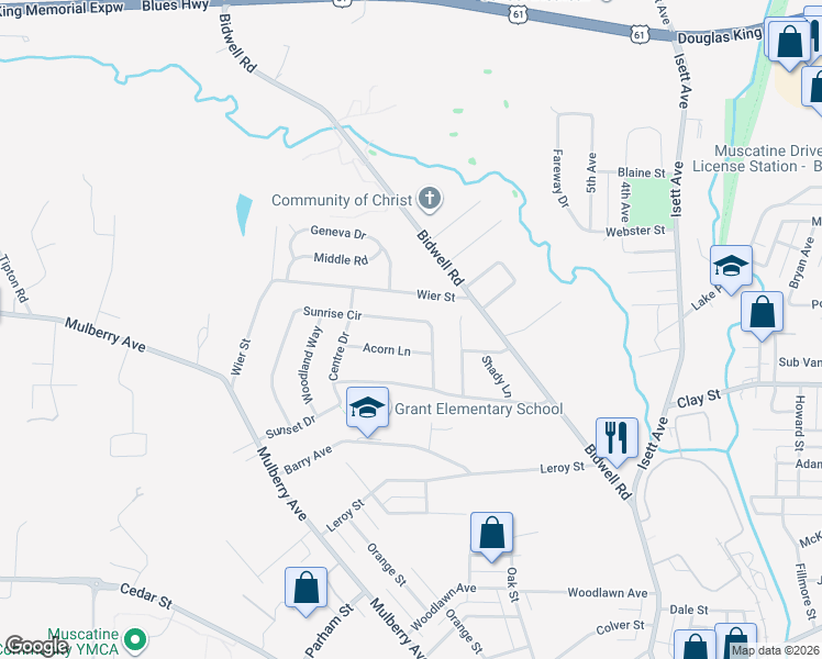map of restaurants, bars, coffee shops, grocery stores, and more near 1006 Sunrise Circle in Muscatine
