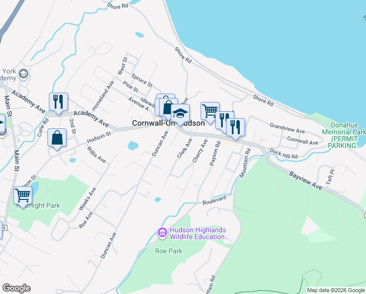 map of restaurants, bars, coffee shops, grocery stores, and more near 16 Clark Avenue in Cornwall-on-Hudson