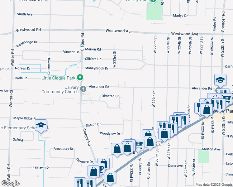 map of restaurants, bars, coffee shops, grocery stores, and more near 23303 Alexander Road in North Olmsted