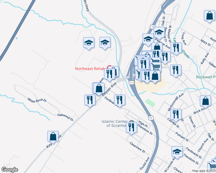 map of restaurants, bars, coffee shops, grocery stores, and more near 1663 North Keyser Avenue in Scranton