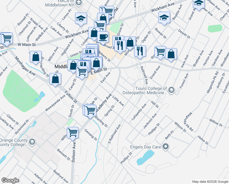 map of restaurants, bars, coffee shops, grocery stores, and more near 37 Academy Avenue in Middletown