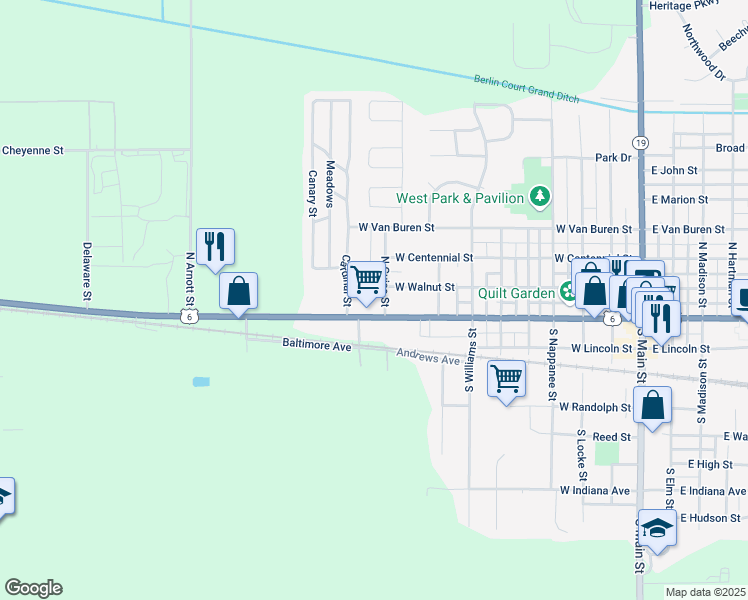 map of restaurants, bars, coffee shops, grocery stores, and more near 1004 West Market Street in Nappanee
