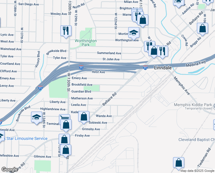 map of restaurants, bars, coffee shops, grocery stores, and more near 12308 Brookfield Avenue in Cleveland