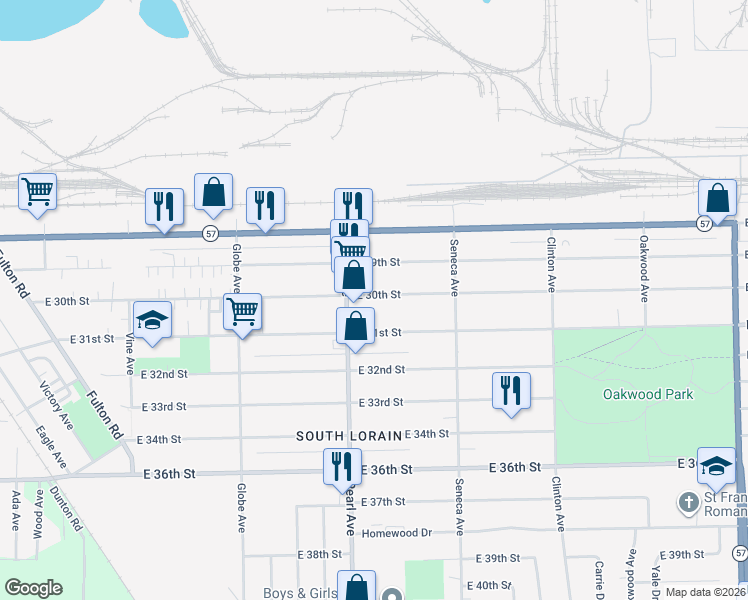 map of restaurants, bars, coffee shops, grocery stores, and more near 1822 East 30th Street in Lorain