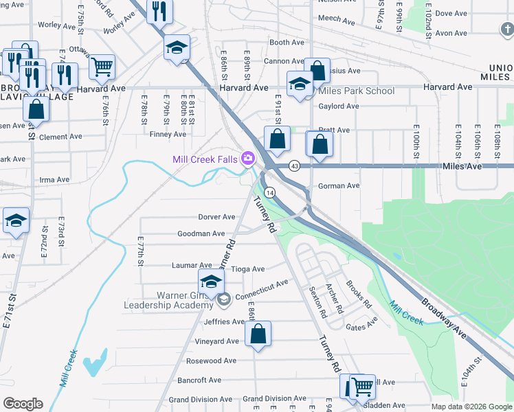 map of restaurants, bars, coffee shops, grocery stores, and more near 5620 Broadway Avenue in Cleveland