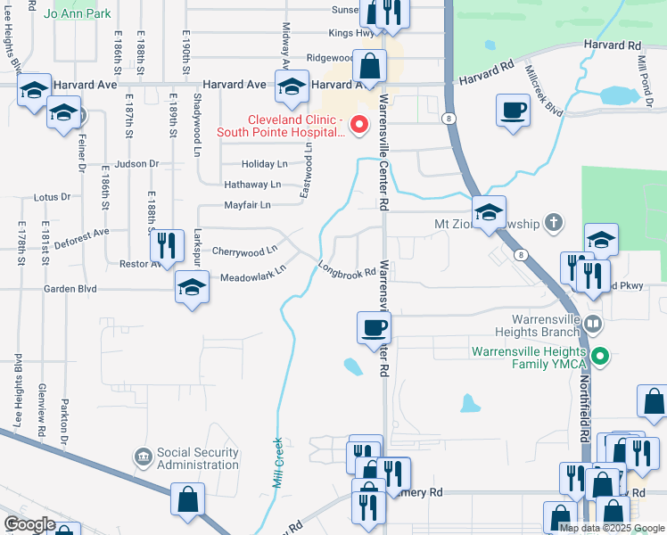 map of restaurants, bars, coffee shops, grocery stores, and more near 4273 Cricket Lane in Warrensville Heights
