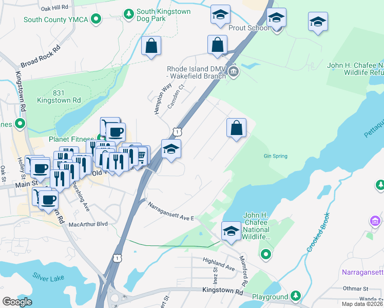 map of restaurants, bars, coffee shops, grocery stores, and more near 140 Seaview Avenue in South Kingstown