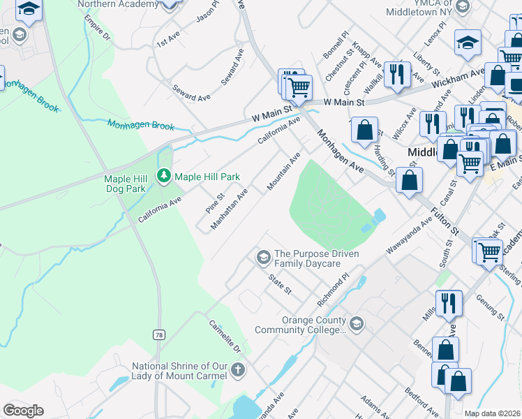 map of restaurants, bars, coffee shops, grocery stores, and more near 1 Orange Terrace in Middletown