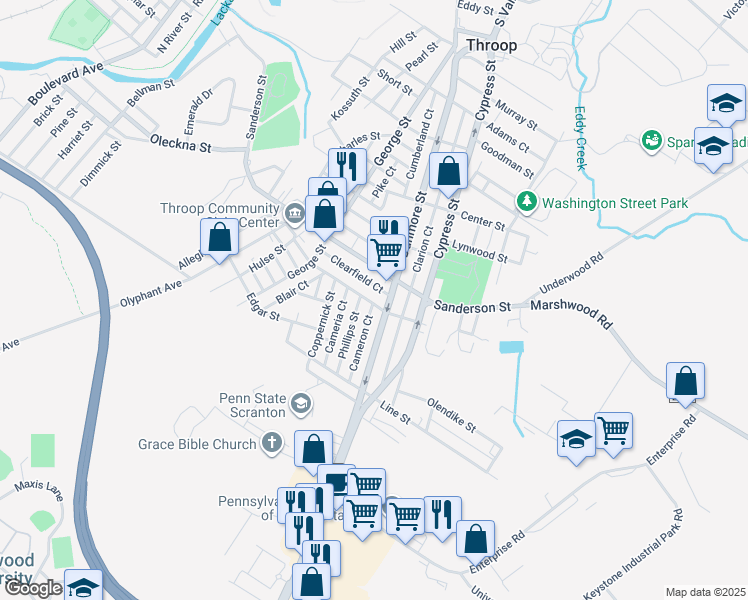 map of restaurants, bars, coffee shops, grocery stores, and more near 217 Dunmore Street in Throop