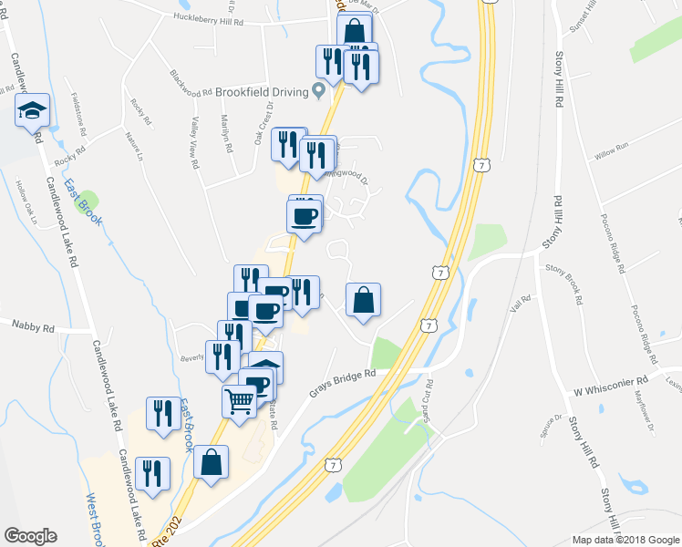 map of restaurants, bars, coffee shops, grocery stores, and more near 90 Homestead Lane in Brookfield