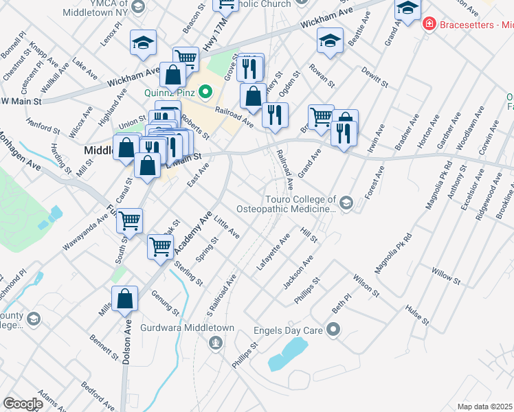 map of restaurants, bars, coffee shops, grocery stores, and more near 25 Grant Street in Middletown