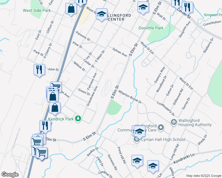 map of restaurants, bars, coffee shops, grocery stores, and more near 307 South Elm Street in Wallingford